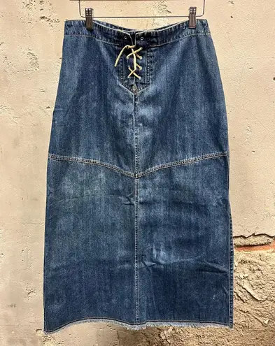 Carolina Blues Lace Up Suede Leather Tie Denim Maxi Skirt Renaissance Modest 10