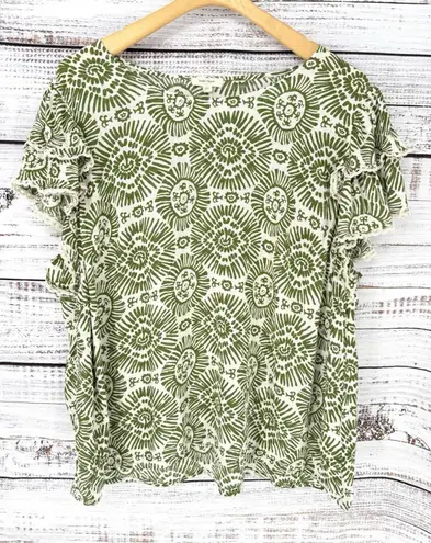 Haute Hippie Flutter Sleeve Boho Blouse Women's 2X Green Sunburst Crochet Rayon