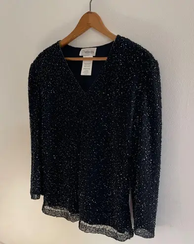 Chadwick's Vintage Black Beaded Top V-Neck Womens Large Fairy Whimsy Valentines