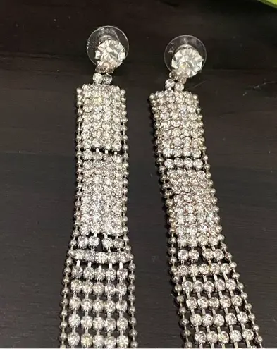 Vintage Unsigned Pavé Clear Rhinestones Drop Fringe Runway Statement Earrings