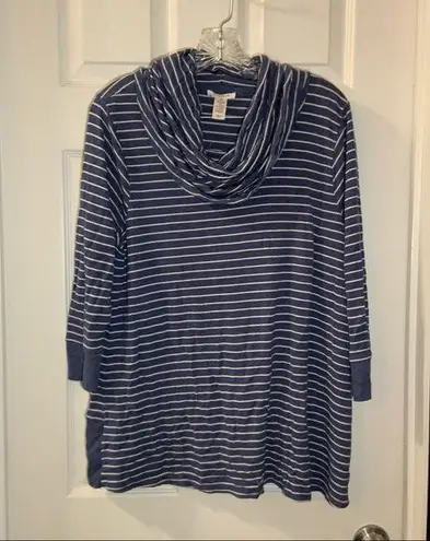 Westbound  Blue Striped Cowl Neck 3/4 Sleeve Knit Top 1X