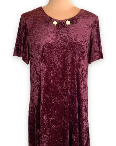 Vintage 90s Maxi Dress Burgundy Crushed Velvet Dark Floral Rosette Short Sleeve Red Size 14