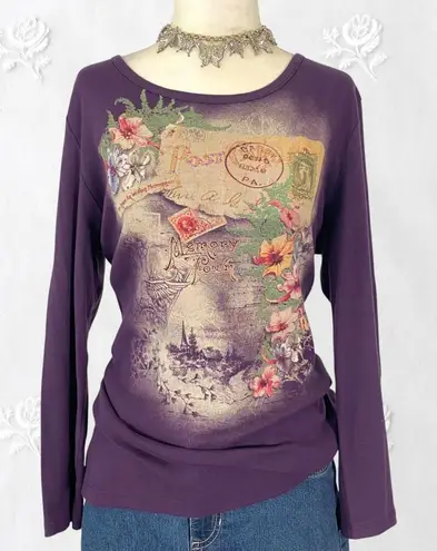 Early 2000's Dark Purple Sequin Studded Whimsygoth Graphic Long Sleeve XL