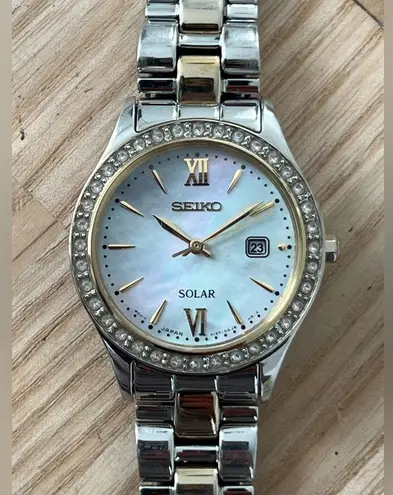 Seiko Solar Ladies Watch Swarovski Crystals Two-Tone Bracelet Pearl Dial Date