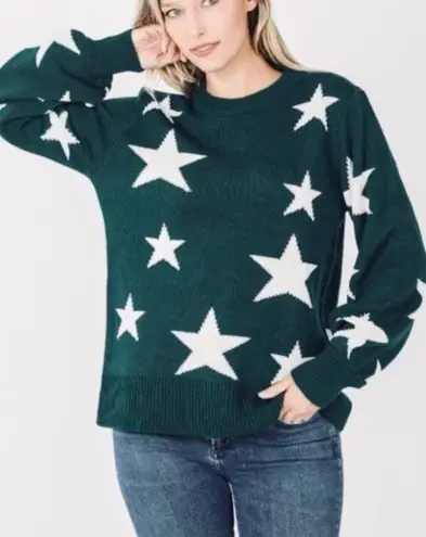 Zenana Hunter Green Star Knit Sweater + Bonus Mask