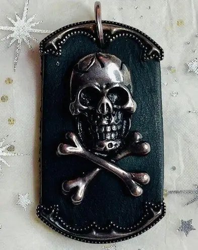 Power Line Sterling Silver & Leather Skull Dog Tag