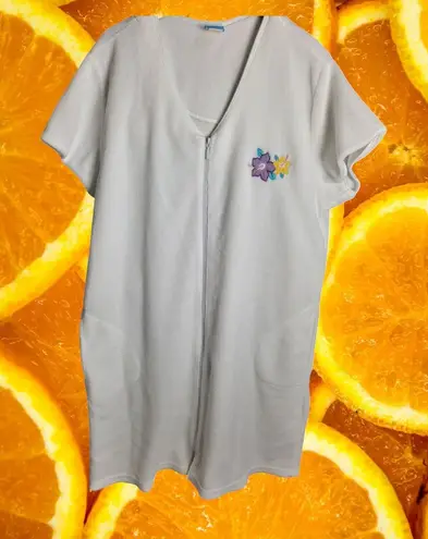 Moon Beams Terry Cloth Robe Short Sleeve Zip Up Lounger Flowers White L Size L