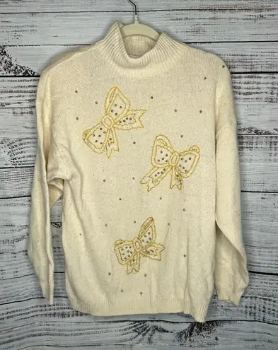 Dana Scott Silk Angora Wool Blend Sweater Beaded Embroidered Bows Vintage M White Size L