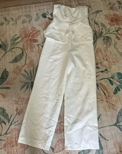 LULU’S Sophisticated Angel White Strapless Vest Jumpsuit