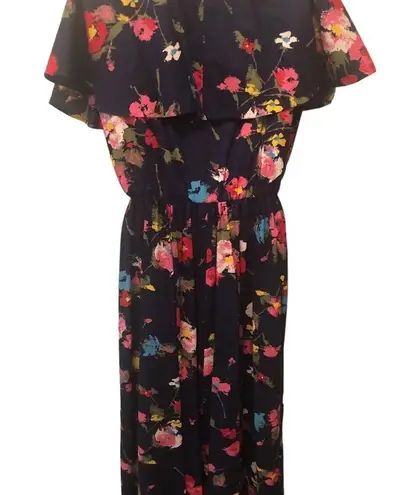VTG 80’s Deep V Navy Floral Maxi Dress 12/14 Flowy Sleeve Collar Elastic Waist Multiple