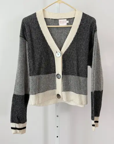 BRODIE Cashmere sz S Striped V Neck Button Up Cardigan Sweater Preppy Collegiate Tan