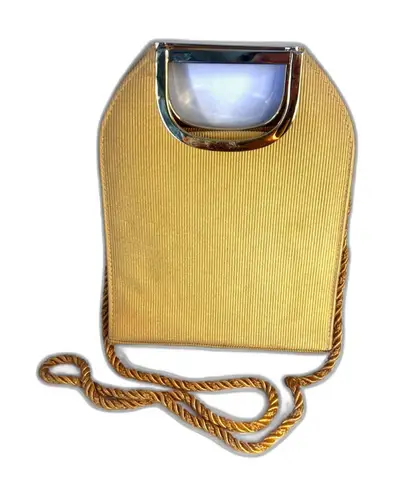 Source Unknown Hard Clutch Bag Rope Crossbody Strap Gold Metal Top Handle Retro VTG Ribbed - Image 1