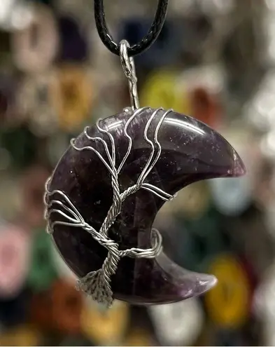 Amethyst Crescent Moon Natural Gemstone Tree Of Life Wire Wrap Pendant Silver