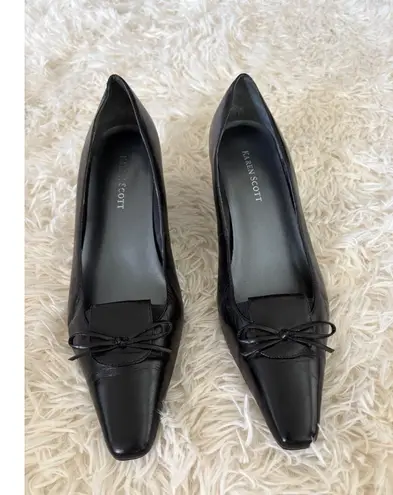 Karen Scott Black Leather Pumps Square Toe Heels Classic Bow Shoes Women 7