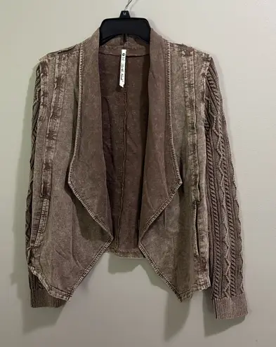 Leo & Nicole Open Front Acid Wash Brown Cardigan Sweater