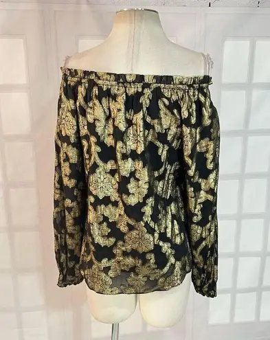 Hale Bob viola black gold metallic jacquard floral blouse size small