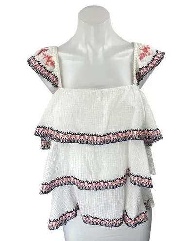Skies Are Blue White Floral Embroidered Ruffle Tiered Tank Blouse Top Size L