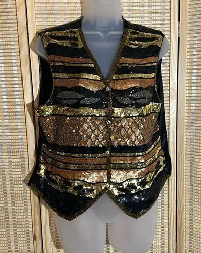 Modi Vintage 1980s or 1990s Gold Black Sequined and Beaded Silk Vest Medium