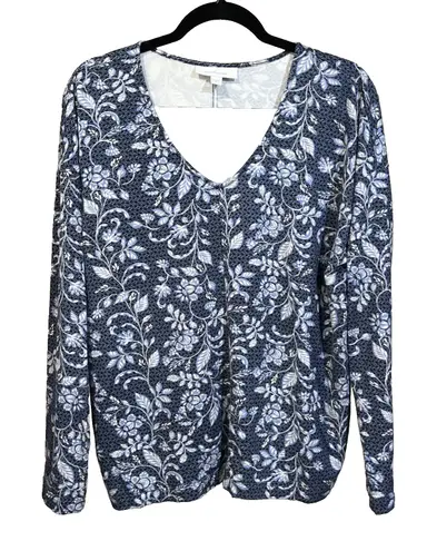 J Jill Pure Jill Eco Terry Floral Pullover Top Blue Size Medium Relaxed Soft