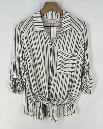 VIXBE Tompkins Tie Front Top Button Striped Roll Tab Sleeves Lightweight White Size M