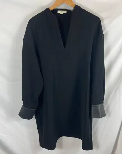 Vince  Faux Leather Long Sleeve Slit-Neck Dress Black Size XL