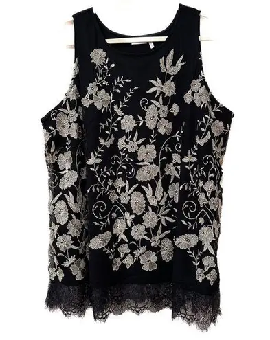 LOGO By Lori Goldstein LOGO LAVISH by Lori Goldstein embroidered tank with eyelash lace trim