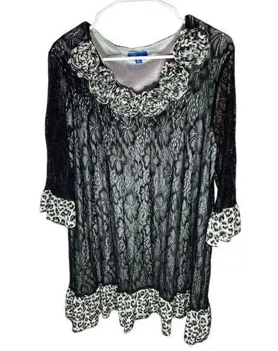 Aster Women's 2XL Black Lace Tunic 3/4 Sleeve Animal Print Size 2X