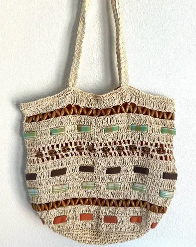 Vintage Capelli Straw Tote Bag Fish Beachy Coastal Ocean Vacation Boho Knit Tan