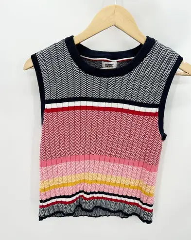 Tommy Jeans Sweater Women XL Black White Pink Yellow Striped Sleeveless Tank Top