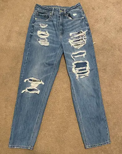 American Eagle Mom Straight Jean with Patching Under Rips