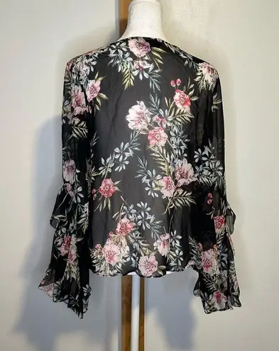 Intermix black floral sheer long bell- sleeve top size S