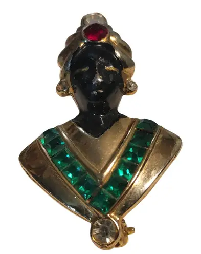 Jolle Rhinestone Genie Brooch 1940s Small Vintage Black Enamel Green Red Stones Gold