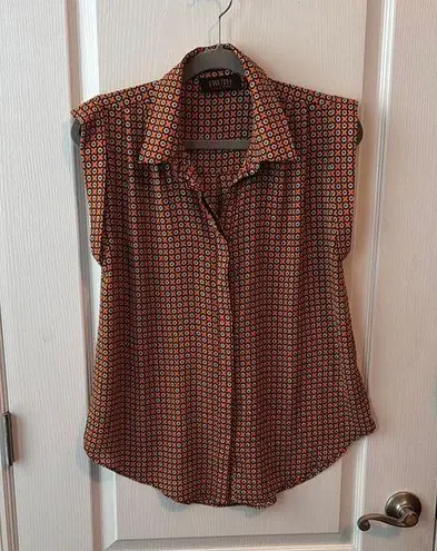 Truth by Republic Orange, Black, Green and White Button Down Cap Sleeve Top Orange Size M