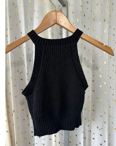 Hunter & Brown Women's Black Ribbed Knit Halter Cropped Sweater Tank S