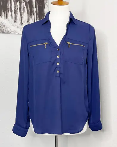 DNA Couture Long Sleeve Blouse Size Small Blue Zipper / Button Detail 3/4 Sleeve