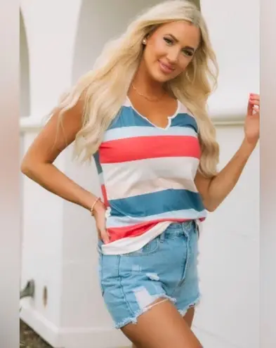 Striped Jewel Tone Notched Neckline Lightweight Knit Tank Top Size Small