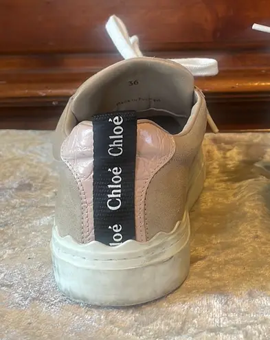 Chloé Lauren Leather Beige Blush Pink Scalloped Stacked Sneakers VGUC 6 / EUR 36