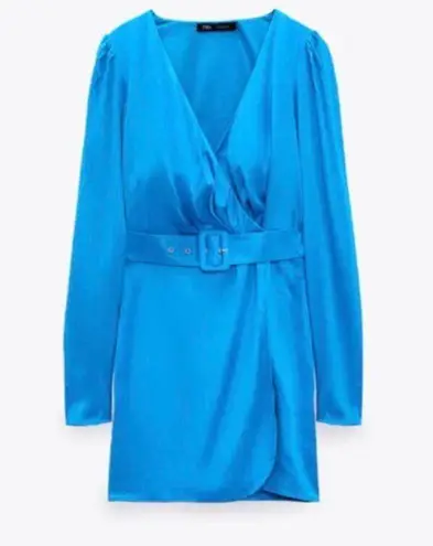 ZARA New with tags Blue  Satin Effects Belted dress.