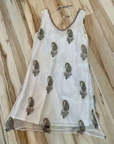 Vijay Singh White Dress With Paisley Print W/ Beading Sequins Light Weight SZ S