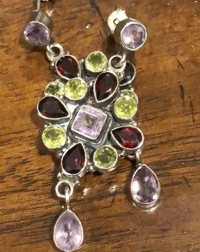 Amethyst Garnet Peridot Sterling Silver Drop Dangle Faceted Earrings