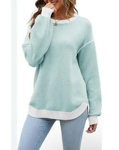 ETCYY NWT Blue White Trim Long Balloon Sleeve Waffle Knit Plush Sweater Size M Size M