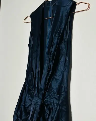 SID NEIGUM Women's Navy Blue Satin Draped Plunge Sleeveless Gown Size 6