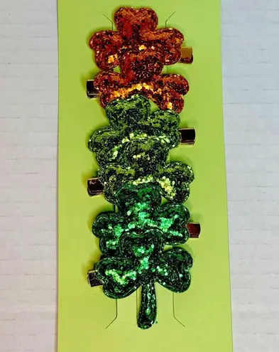 6 Glitter Green & Orange Clover Hair Clips And You Sham Rock Flag New!