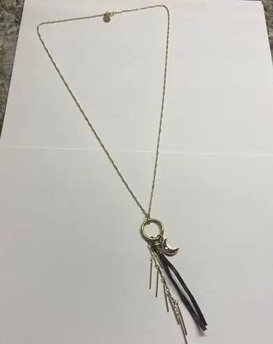 Women’s Costume Necklace Gold Tone Chain Pink Rhinestone Noon Charm Brown Fringe