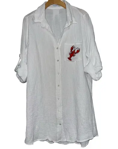 4our Dreamers Womens Size L White Crinkle Gauzy Cotton Lobster Embroidered Tunic Size L
