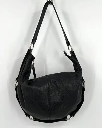 HOBO International Black Pebbled Leather Hobo Bag with Silver O Rings Boho