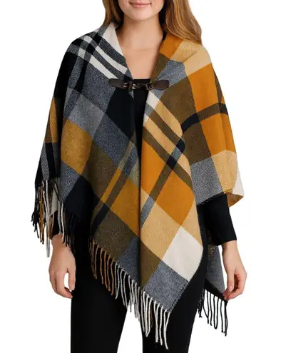 Christopher & Banks Shawl Womens One Size Plaid Cape Fringed Toggle Closure