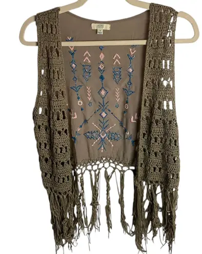 Kori America Size S Crochet Fringe Vest Embroidered Brown Aztec Western Boho