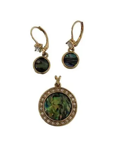 MCM New Nina Richie Gold Tone Abalone & Rhinestone Earrings & Pendent Vtg Set