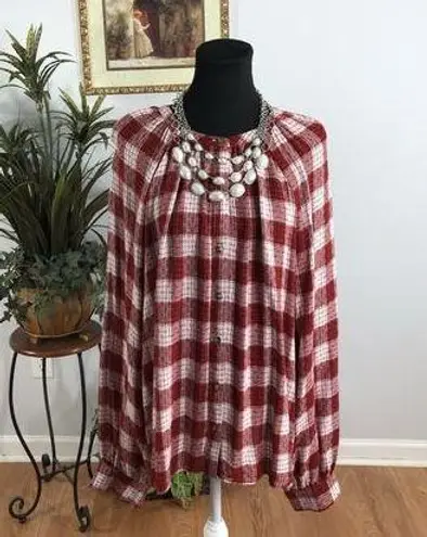 Women Top XL Plaid Long Balloon Sleeve Front Round Neck Y2K Dark Academia